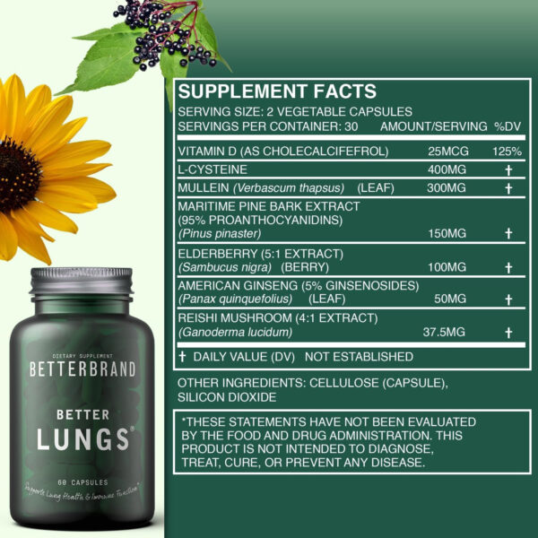 Betterbrand BetterLungs Daily Respiratory Health Supplement (60 Capsules) | with Mullein Leaf for Lung Health, Allergy, Sinus, and Mucus Relief - Image 5